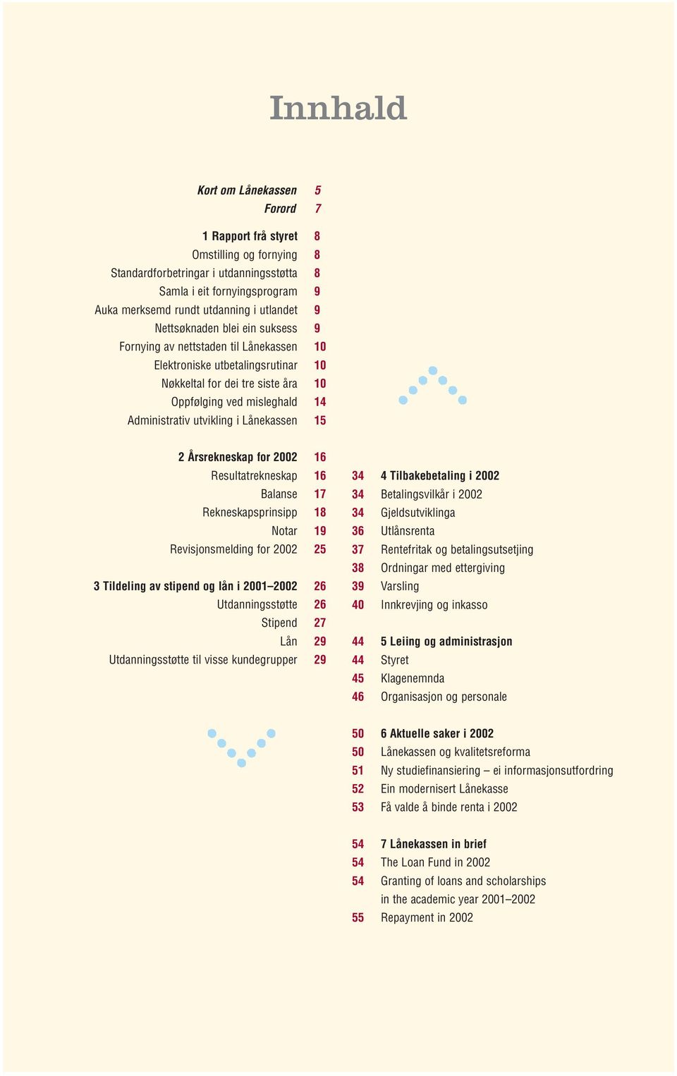 Lånekassen 15 2 Årsrekneskap for 2002 16 Resultatrekneskap 16 Balanse 17 Rekneskapsprinsipp 18 Notar 19 Revisjonsmelding for 2002 25 3 Tildeling av stipend og lån i 2001 2002 26 Utdanningsstøtte 26