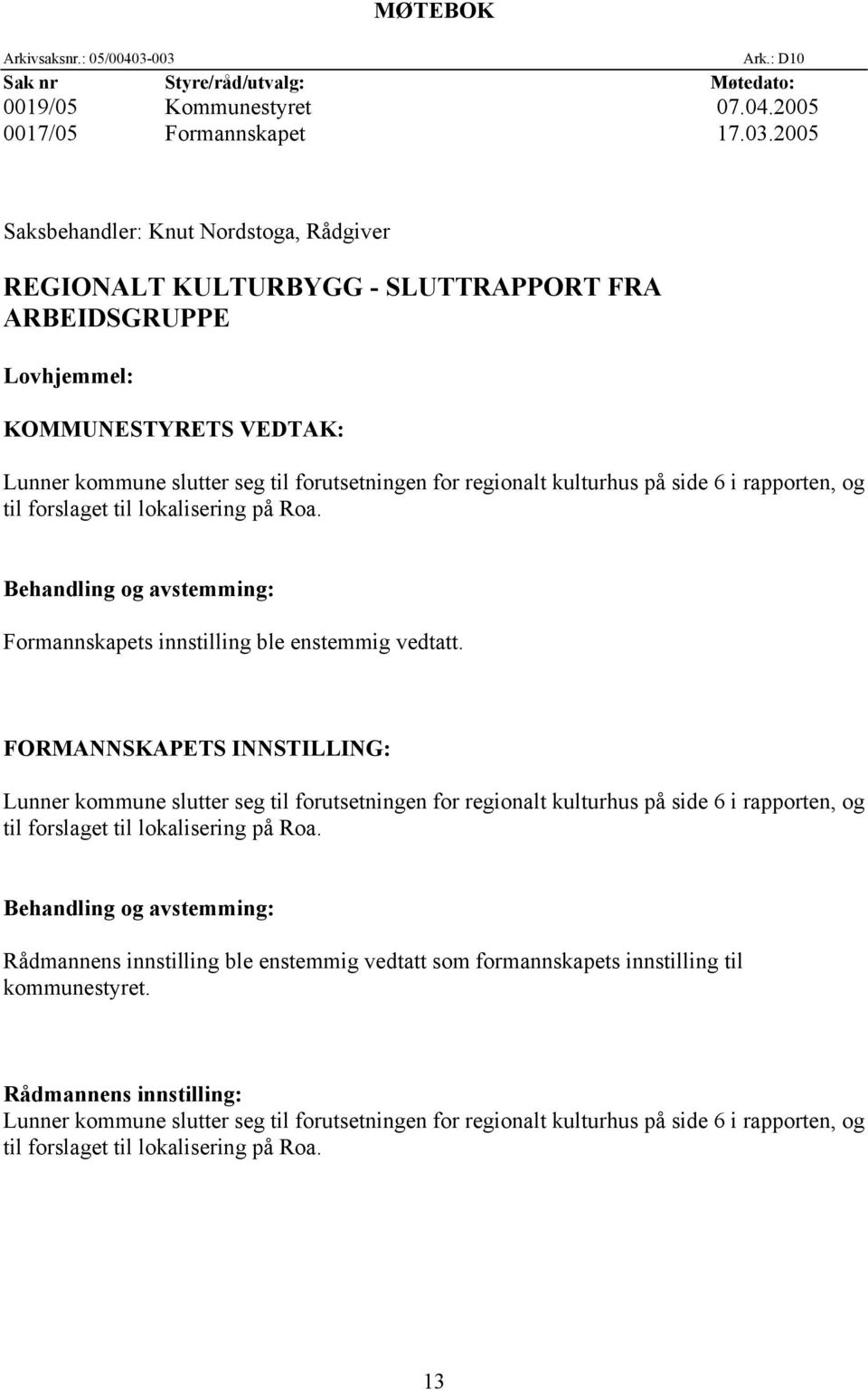 FRA ARBEIDSGRUPPE Lovhjemmel: KOMMUNESTYRETS VEDTAK: Lunner kommune slutter seg til forutsetningen for regionalt kulturhus på side 6 i rapporten, og til forslaget til lokalisering på Roa.