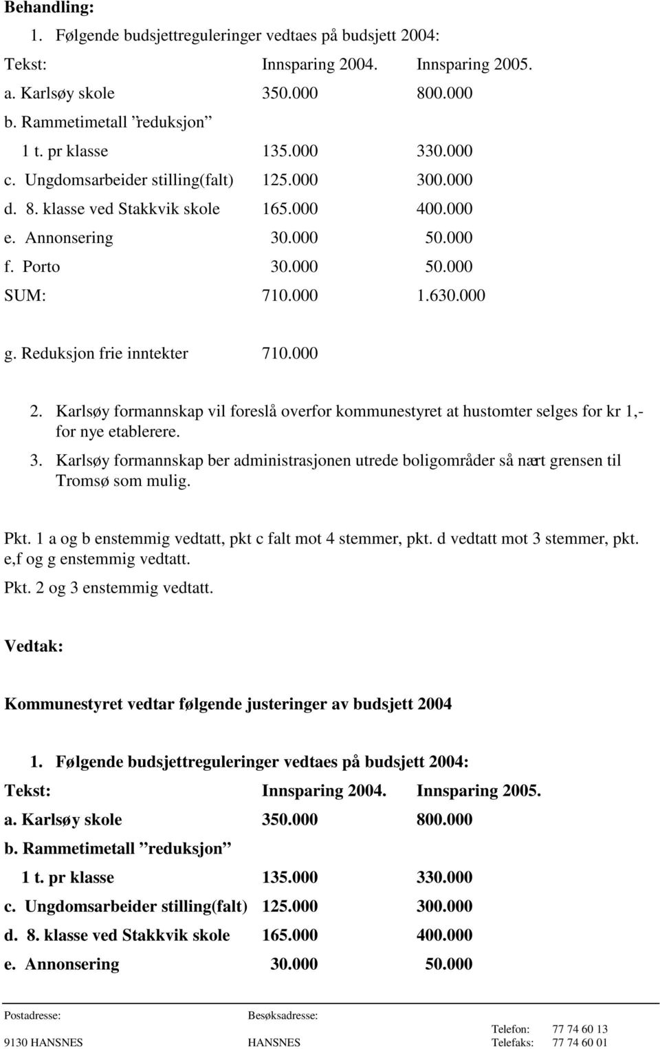 Reduksjon frie inntekter 710.000 2. Karlsøy formannskap vil foreslå overfor kommunestyret at hustomter selges for kr 1,- for nye etablerere. 3.