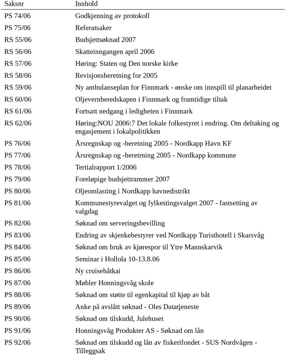 tiltak Fortsatt nedgang i ledigheten i Finnmark PS 78/06 Tertialrapport 1/2006 Høring:NOU 2006:7 Det lokale folkestyret i endring.