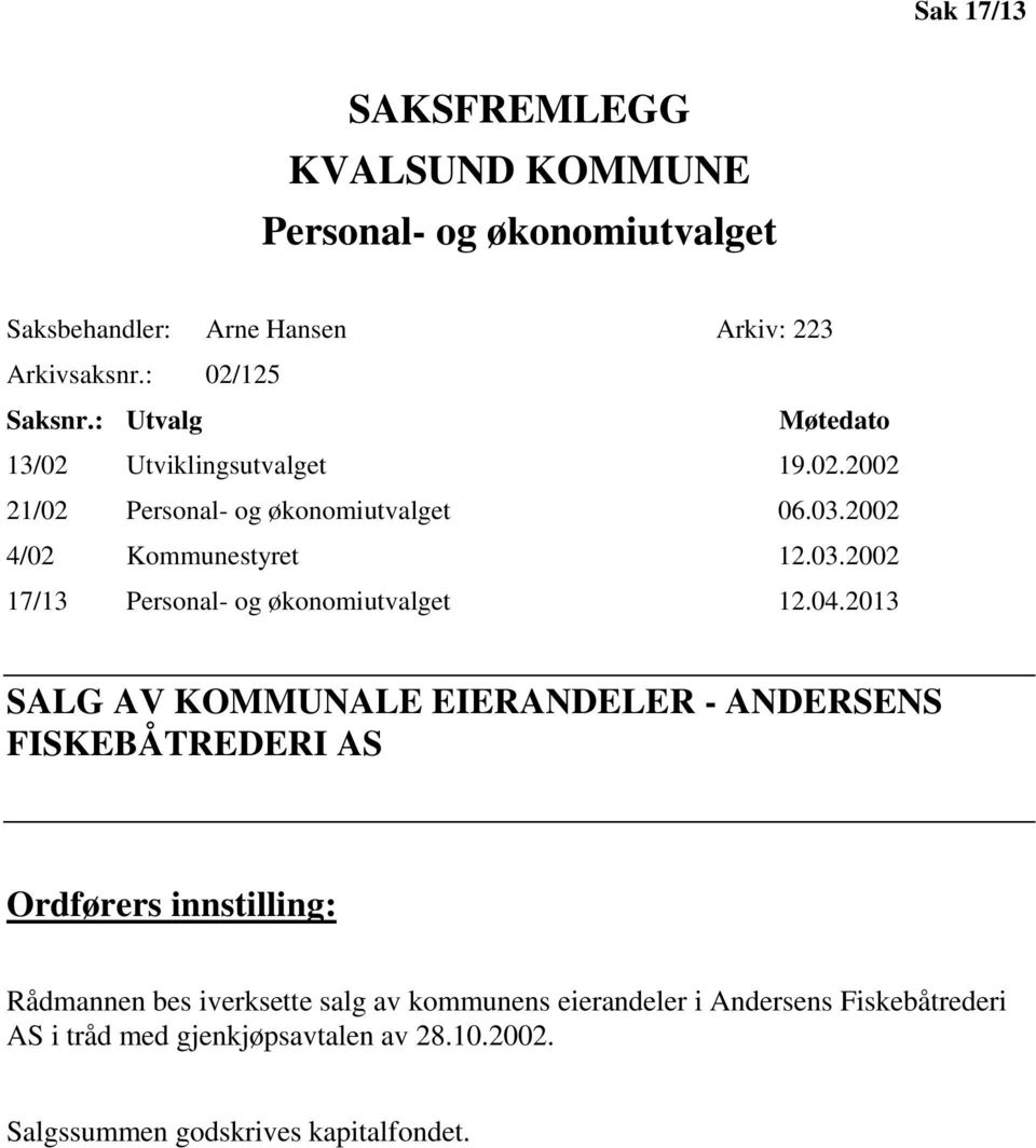 04.2013 SALG AV KOMMUNALE EIERANDELER - ANDERSENS FISKEBÅTREDERI AS Ordførers innstilling: Rådmannen bes iverksette salg av kommunens