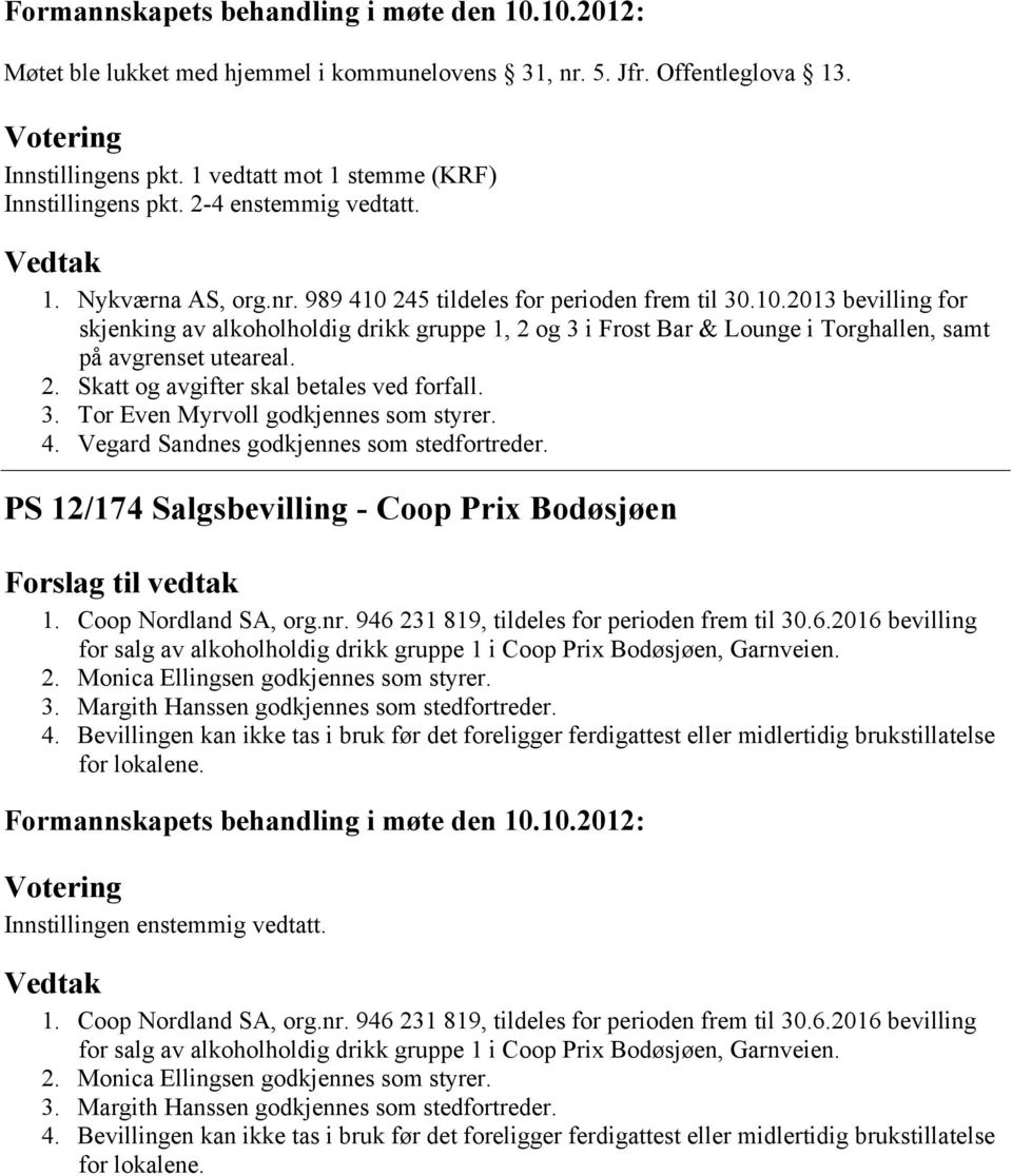 4. Vegard Sandnes godkjennes som stedfortreder. PS 12/174 Salgsbevilling - Coop Prix Bodøsjøen 1. Coop Nordland SA, org.nr. 946 