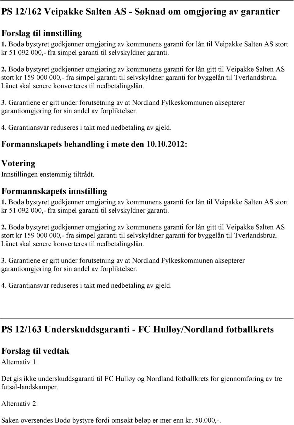 Bodø bystyret godkjenner omgjøring av kommunens garanti for lån gitt til Veipakke Salten AS stort kr 159 000 000,- fra simpel garanti til selvskyldner garanti for byggelån til Tverlandsbrua.