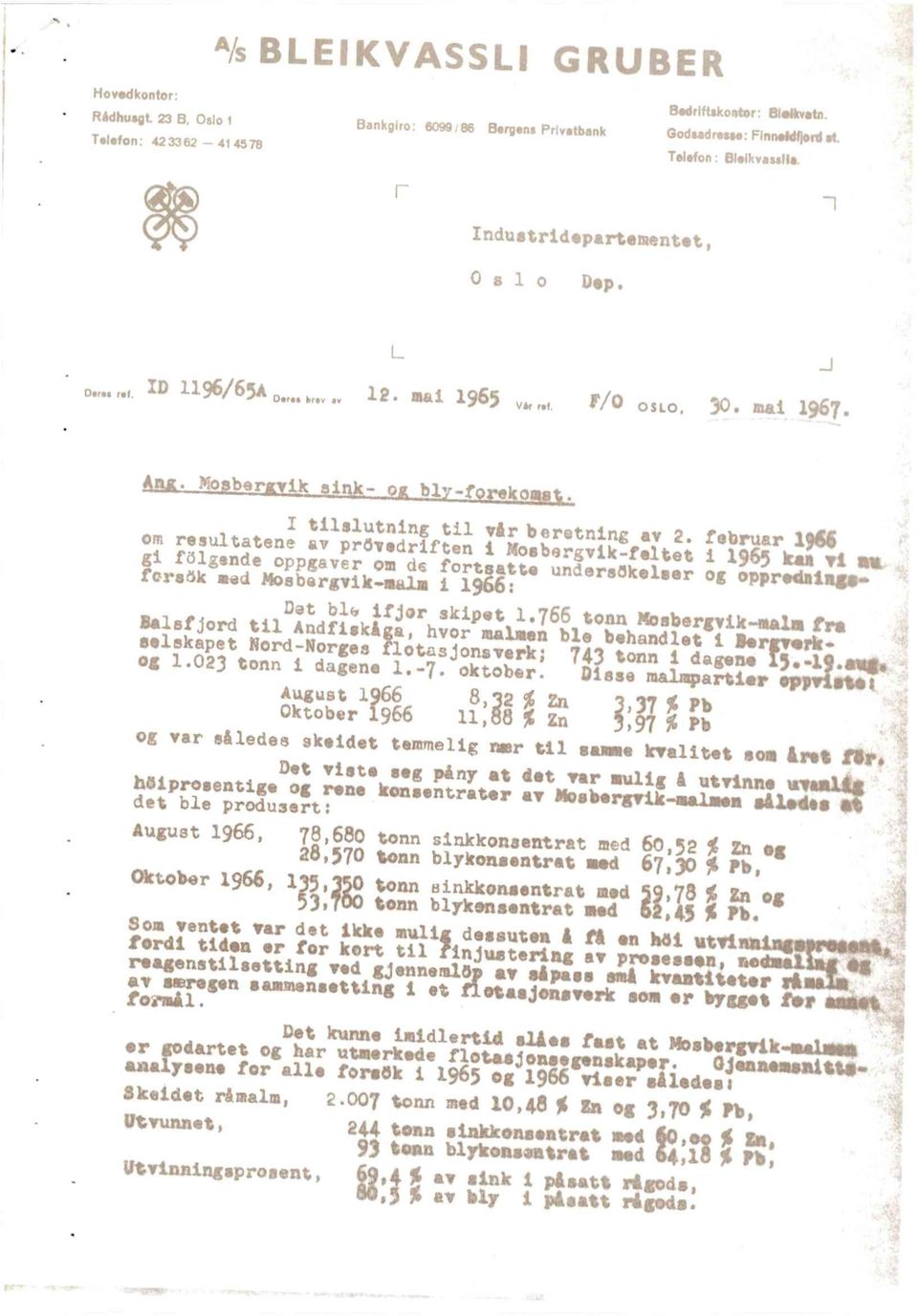 februar 1966 om resultateneav provedrlfteni Nosbergvik-felteti 1965 kaftv1 at gi fdlgandeoppgaver om de fortsatteundersökelserog oppredaingsfersök med Mbebergv1k-malmi 1966: Dat b1e ifjorsk1pet 1.