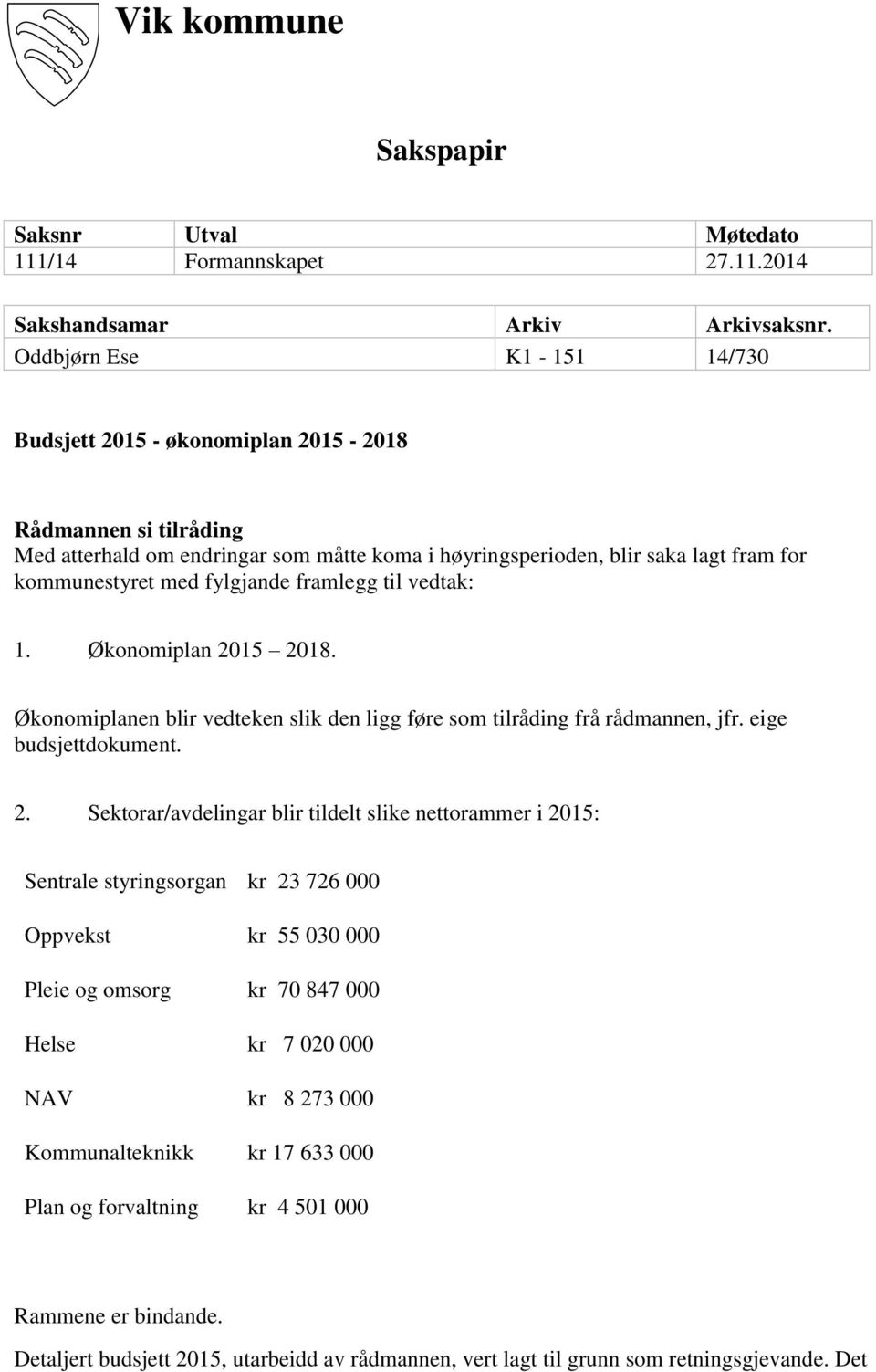 fylgjande framlegg til vedtak: 1. Økonomiplan 20