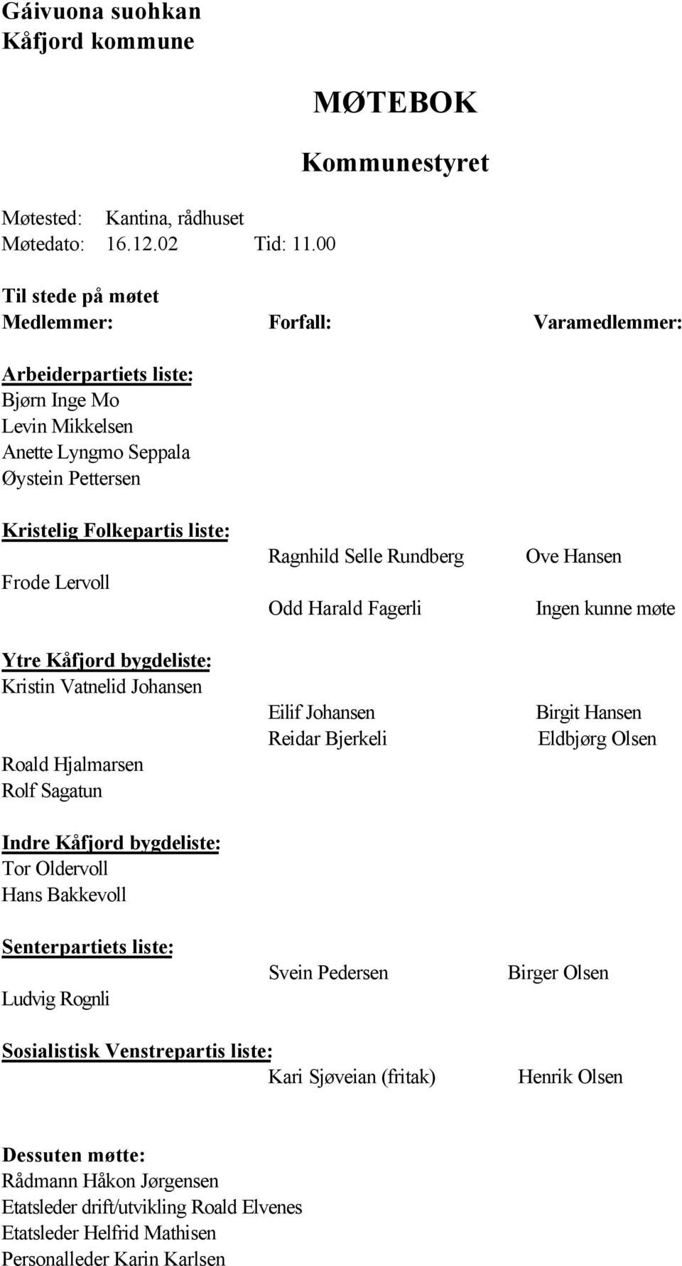 liste: Frode Lervoll Ytre Kåfjord bygdeliste: Kristin Vatnelid Johansen Roald Hjalmarsen Rolf Sagatun Indre Kåfjord bygdeliste: Tor Oldervoll Hans Bakkevoll Senterpartiets liste: Ludvig Rognli