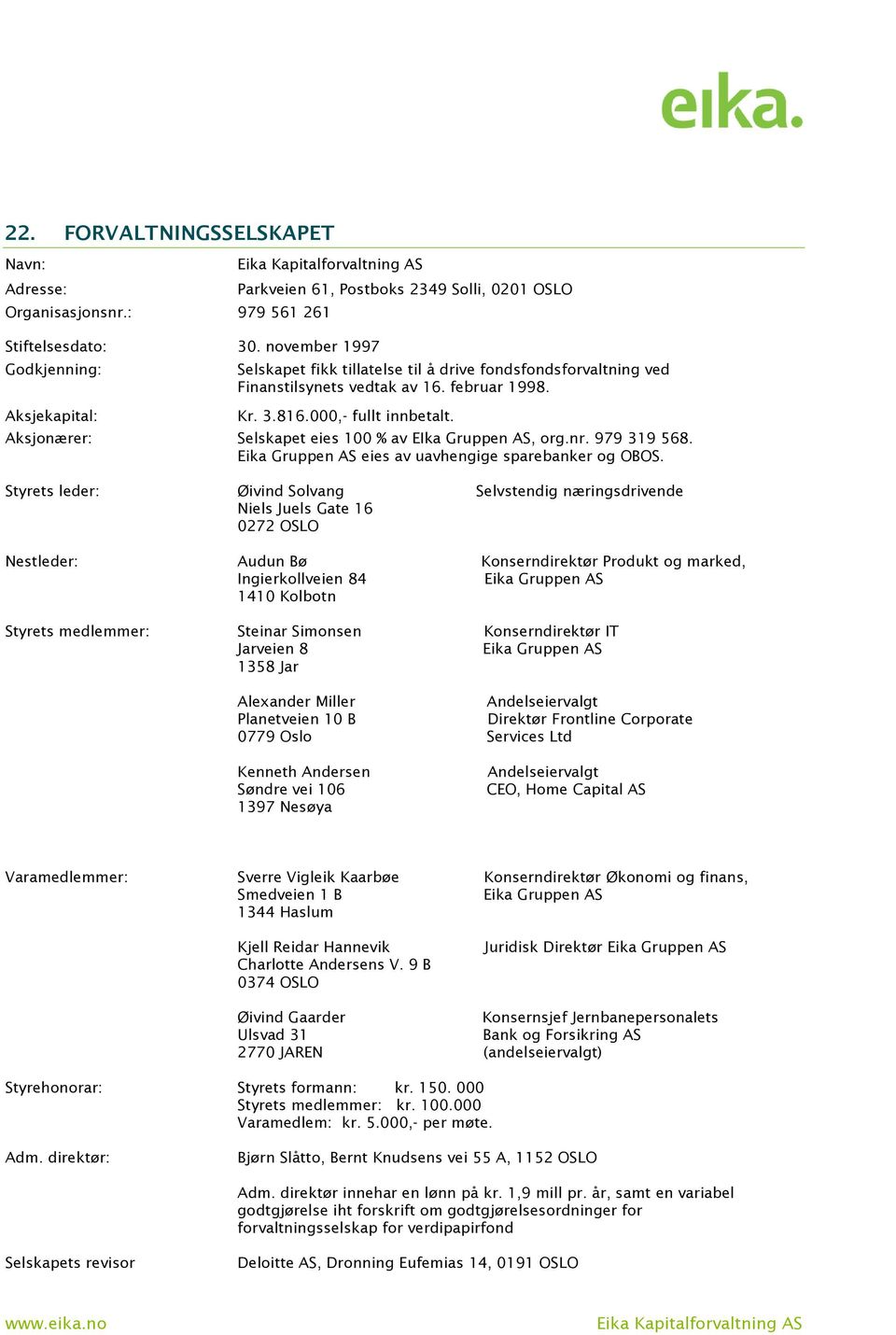 816.000,- fullt innbetalt. Aksjonærer: Selskapet eies 100 % av EIka Gruppen AS, org.nr. 979 319 568. Eika Gruppen AS eies av uavhengige sparebanker og OBOS.