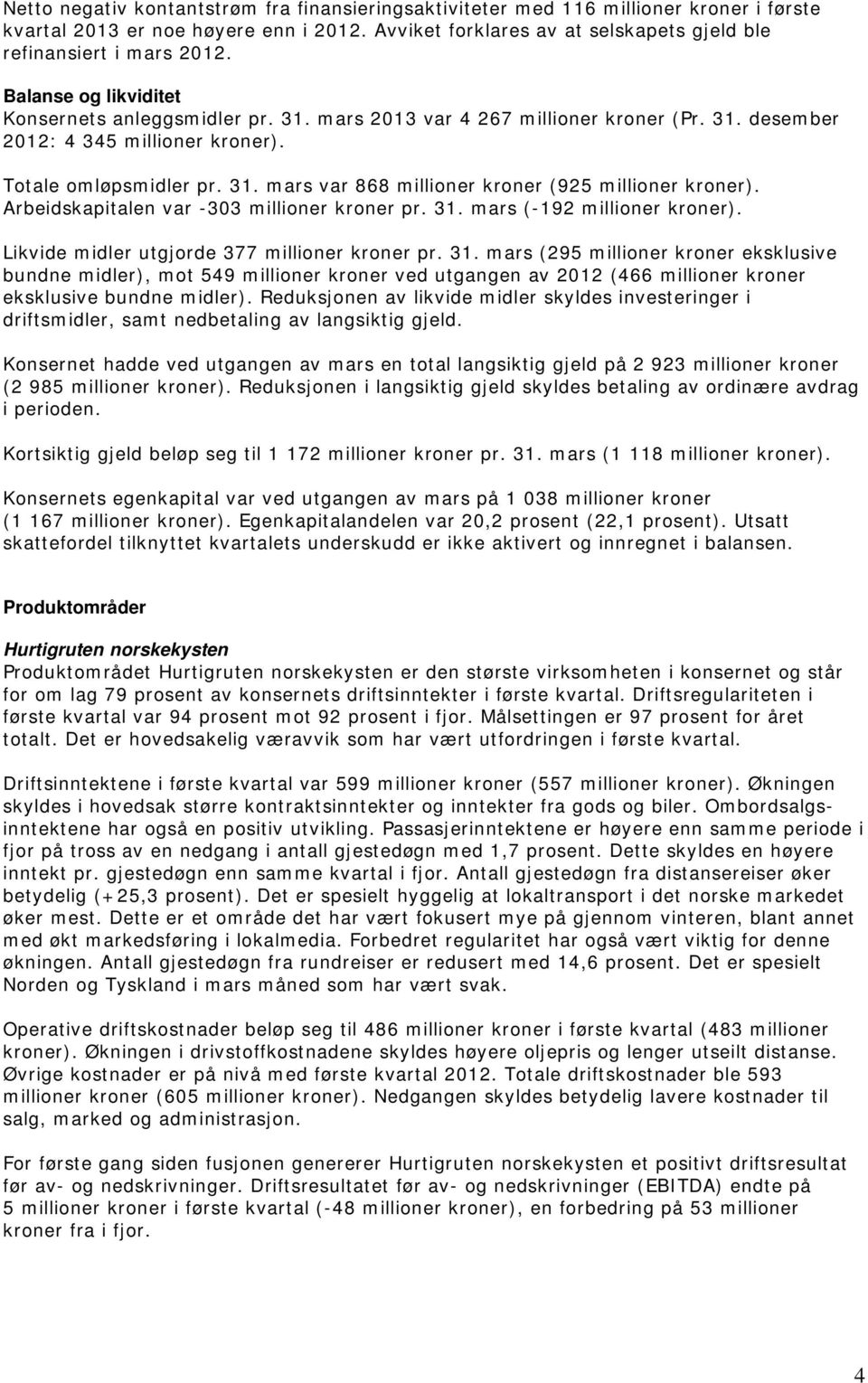 Arbeidskapitalen var -303 millioner kroner pr. 31. mars (-192 millioner kroner). Likvide midler utgjorde 377 millioner kroner pr. 31. mars (295 millioner kroner eksklusive bundne midler), mot 549 millioner kroner ved utgangen av 2012 (466 millioner kroner eksklusive bundne midler).