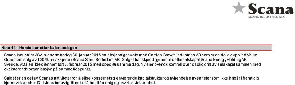 Salget har skjedd gjennom datterselskapet Scana Energy Holding AB i Sverige. Avtalen ble gjennomført 5. februar 2015 med oppgjør samme dag.