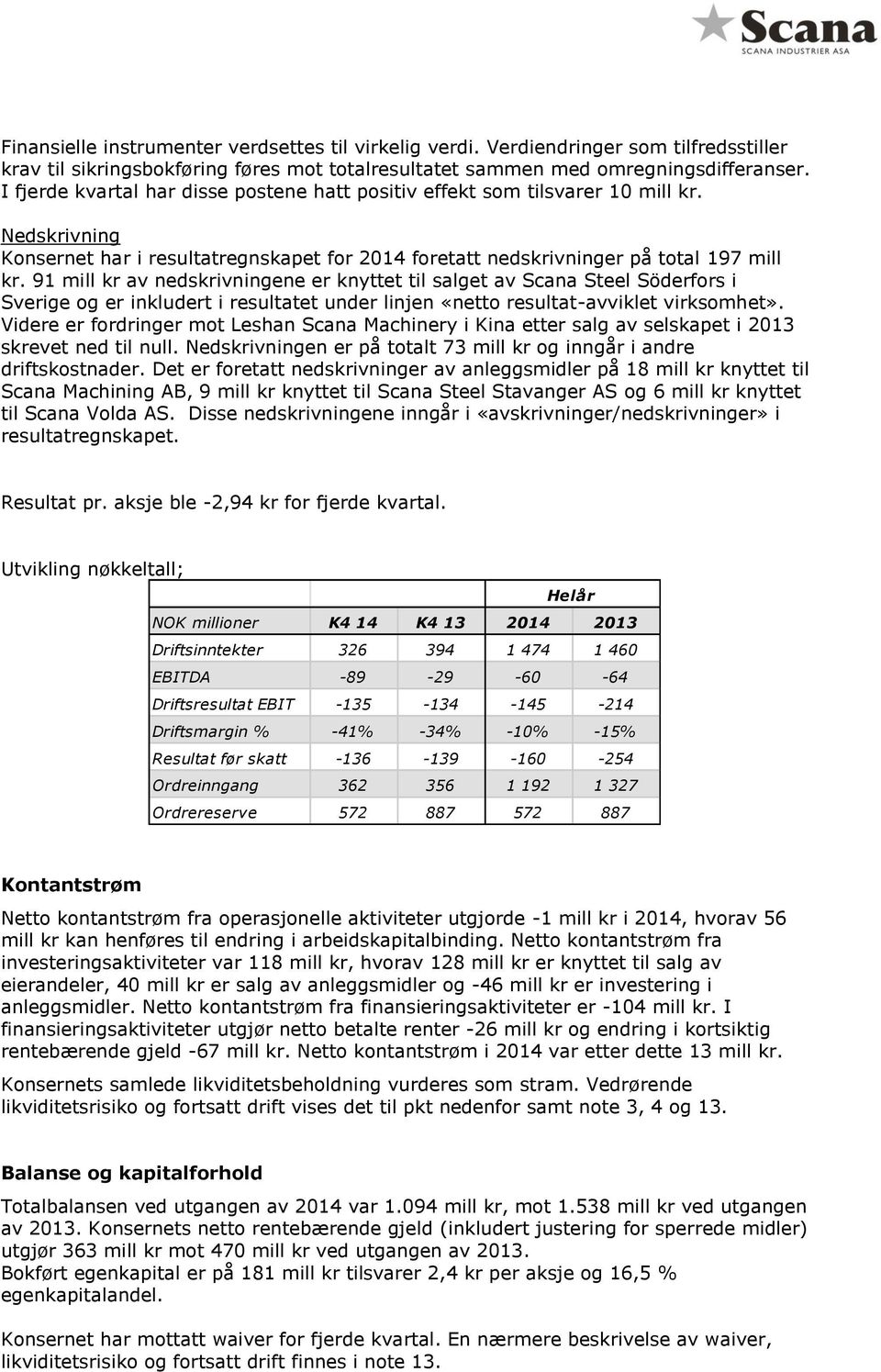 91 mill kr av nedskrivningene er knyttet til salget av Scana Steel Söderfors i Sverige og er inkludert i resultatet under linjen «netto resultat-avviklet virksomhet».