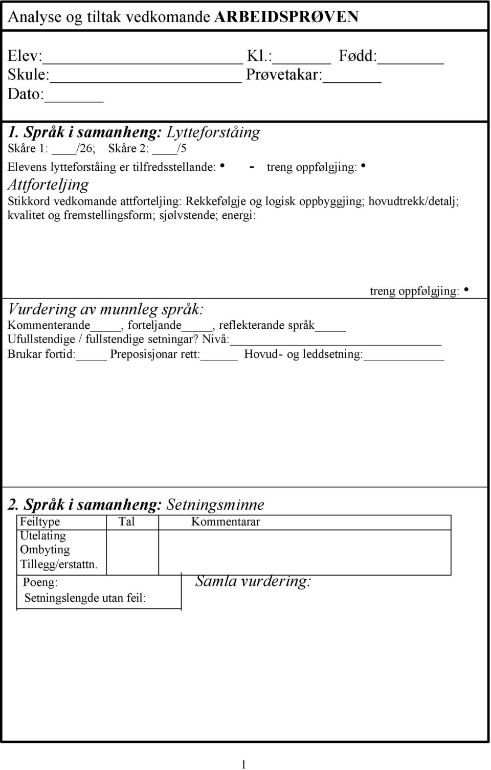 og logisk oppbyggjing; hovudtrekk/detalj; kvalitet og fremstellingsform; sjølvstende; energi: Vurdering av munnleg språk: Kommenterande, forteljande, reflekterande språk