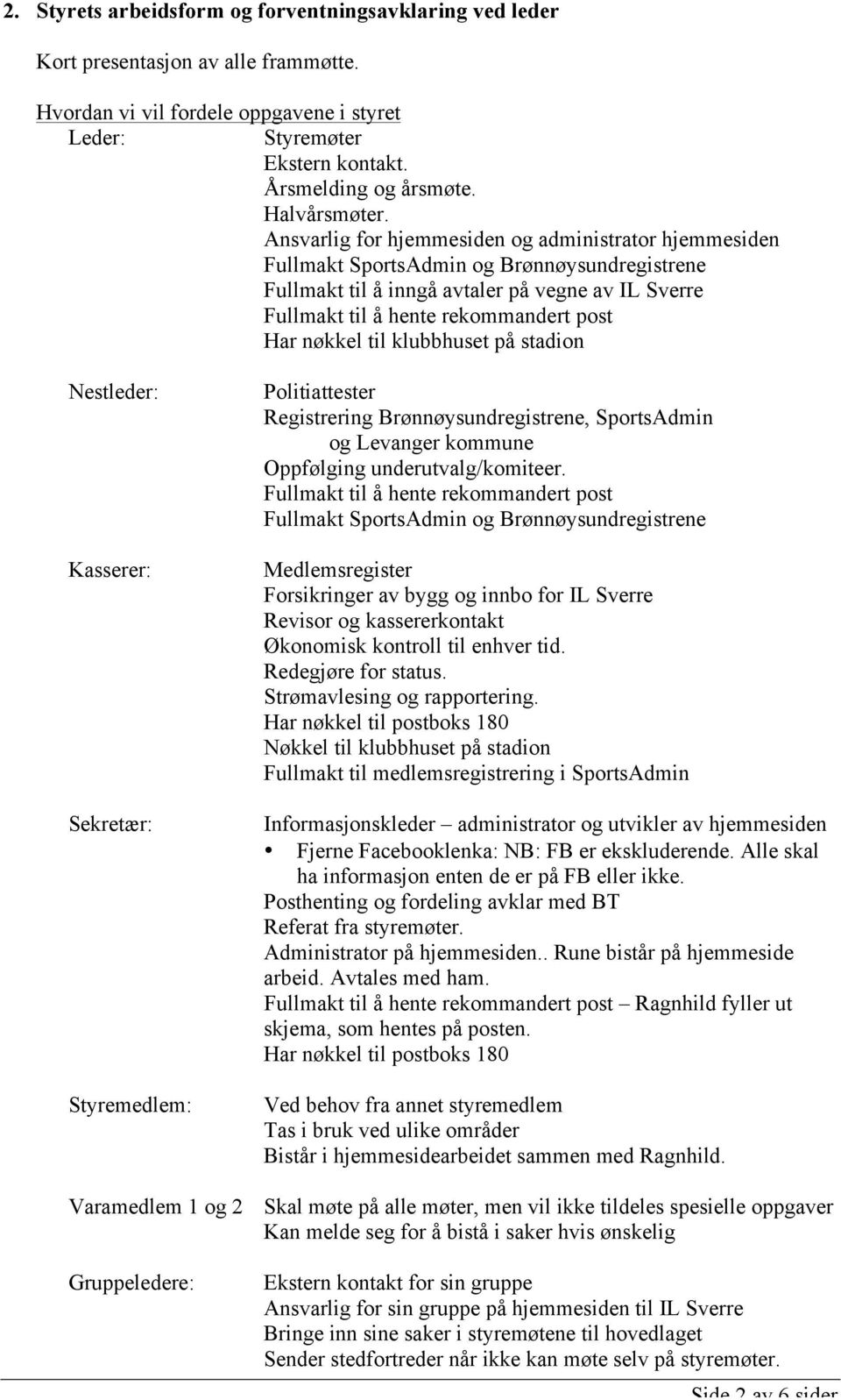 Ansvarlig for hjemmesiden og administrator hjemmesiden Fullmakt SportsAdmin og Brønnøysundregistrene Fullmakt til å inngå avtaler på vegne av IL Sverre Fullmakt til å hente rekommandert post Har