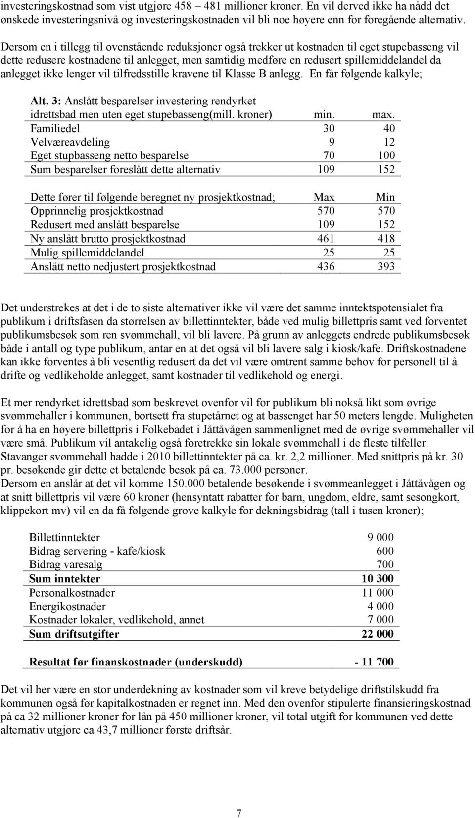 anlegget ikke lenger vil tilfredsstille kravene til Klasse B anlegg. En får følgende kalkyle; Alt. 3: Anslått besparelser investering rendyrket idrettsbad men uten eget stupebasseng(mill. kroner) min.