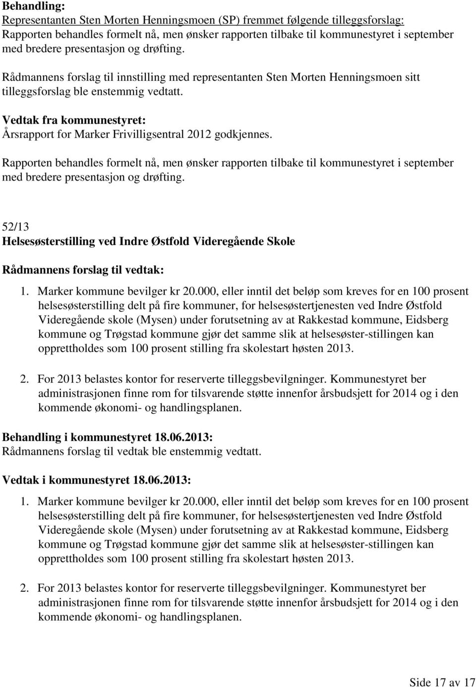 Vedtak fra kommunestyret: Årsrapport for Marker Frivilligsentral 2012 godkjennes.