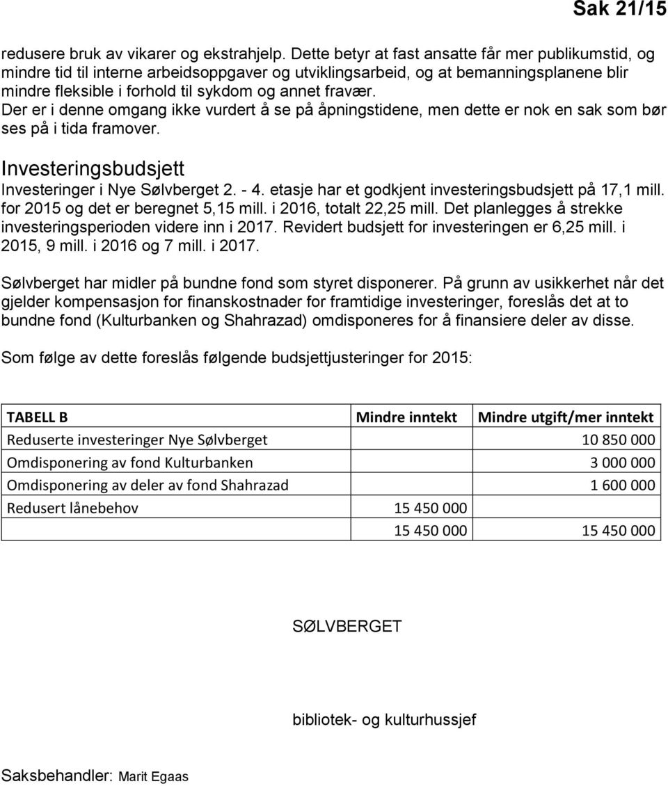 Der er i denne omgang ikke vurdert å se på åpningstidene, men dette er nok en sak som bør ses på i tida framover. Investeringsbudsjett Investeringer i Nye Sølvberget 2. - 4.