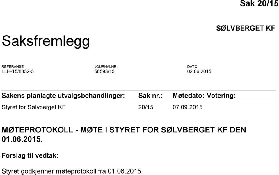 : Møtedato: Votering: Styret for Sølvberget KF 20/15 07.09.