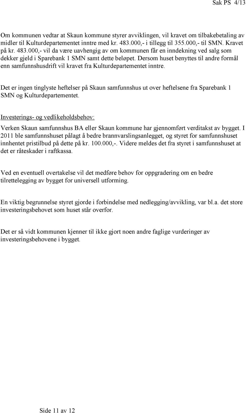 Dersom huset benyttes til andre formål enn samfunnshusdrift vil kravet fra Kulturdepartementet inntre.