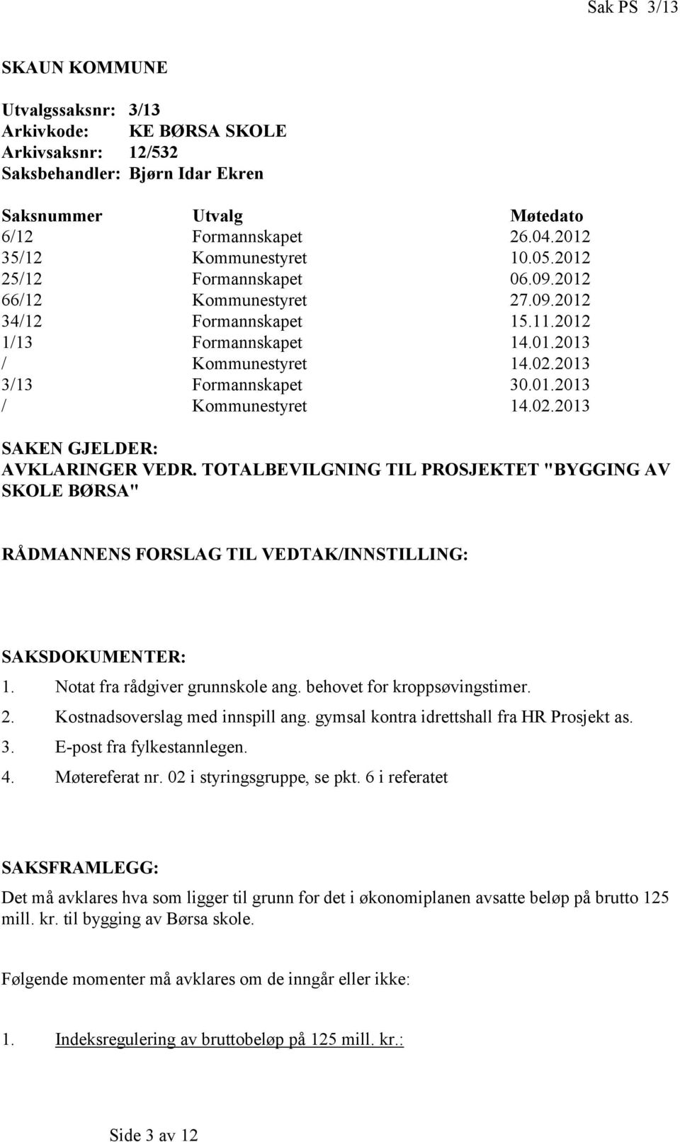 2013 3/13 Formannskapet 30.01.2013 / Kommunestyret 14.02.2013 SAKEN GJELDER: AVKLARINGER VEDR.