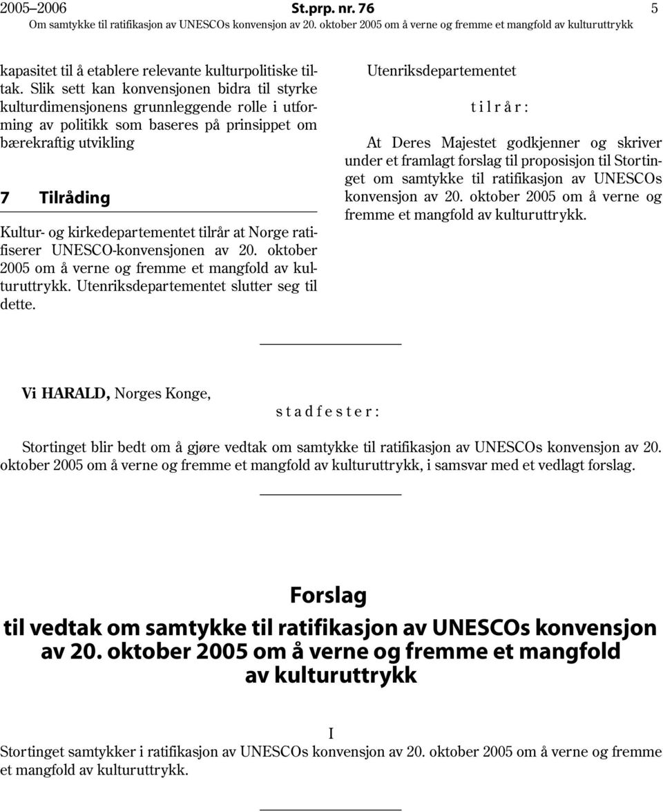 Majestet godkjenner og skriver under et framlagt forslag til proposisjon til Stortinget om samtykke til ratifikasjon av UNESCOs 7 Tilråding konvensjon av 20.