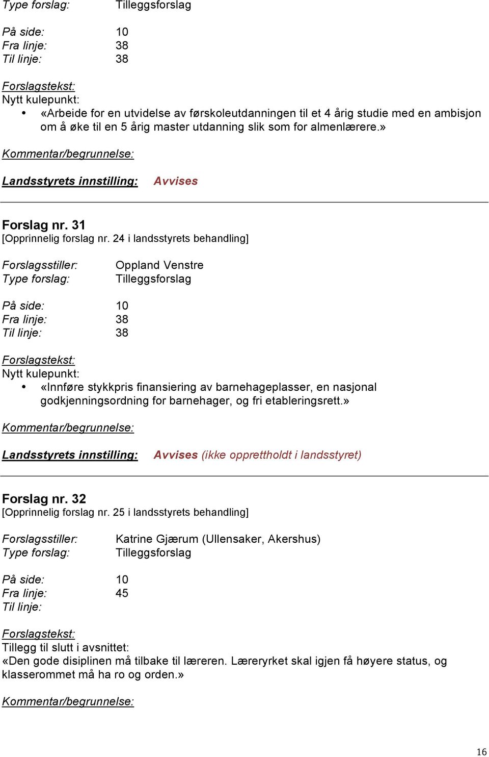 24 i landsstyrets behandling] Oppland Venstre På side: 10 Fra linje: 38 38 «Innføre stykkpris finansiering av barnehageplasser, en nasjonal godkjenningsordning for barnehager,