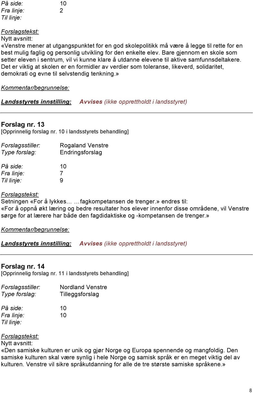 Det er viktig at skolen er en formidler av verdier som toleranse, likeverd, solidaritet, demokrati og evne til selvstendig tenkning.» Forslag nr. 13 [Opprinnelig forslag nr.