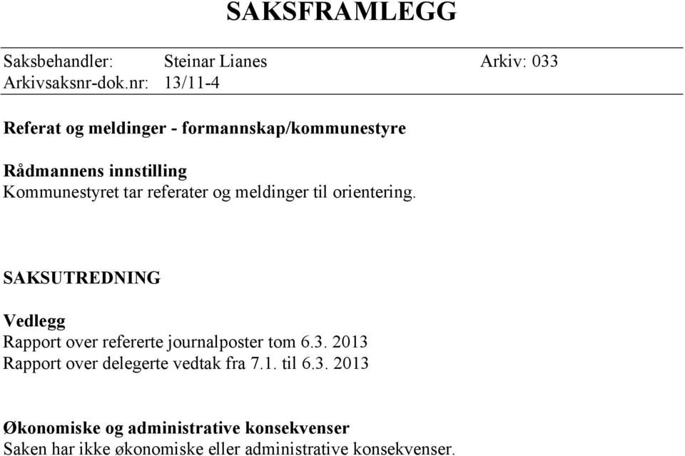 referater og meldinger til orientering. SAKSUTREDNING Vedlegg Rapport over refererte journalposter tom 6.3.