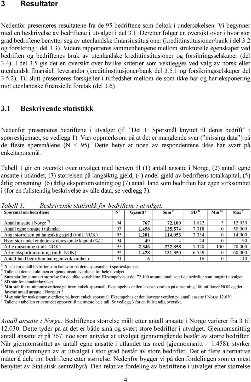 Videre rapporteres sammenhengene mellom strukturelle egenskaper ved bedriften og bedriftenes bruk av utenlandske kredittinstitusjoner og forsikringsselskaper (del 3.4). I del 3.