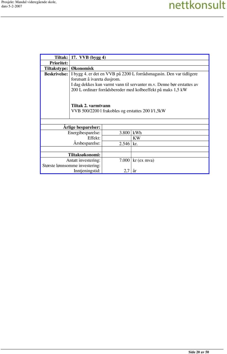 varmtvann VVB 500/2200 l frakobles og erstattes 200 l/1,5kw Årlige besparelser: Energibesparelse: Effekt: Årsbesparelse: Tiltaksøkonomi: Antatt