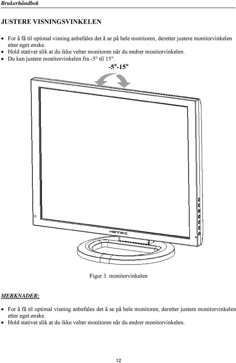 Du kan justere monitorvinkelen fra -5 til 15. -5-15 Figur 3.