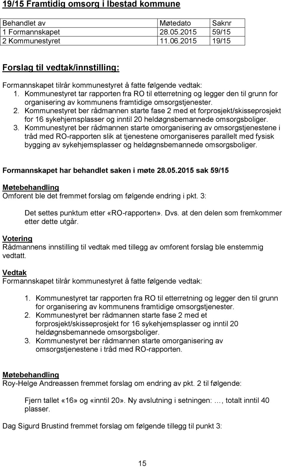 Kommunestyret ber rådmannen starte fase 2 med et forprosjekt/skisseprosjekt for 16 sykehjemsplasser og inntil 20 heldøgnsbemannede omsorgsboliger. 3.