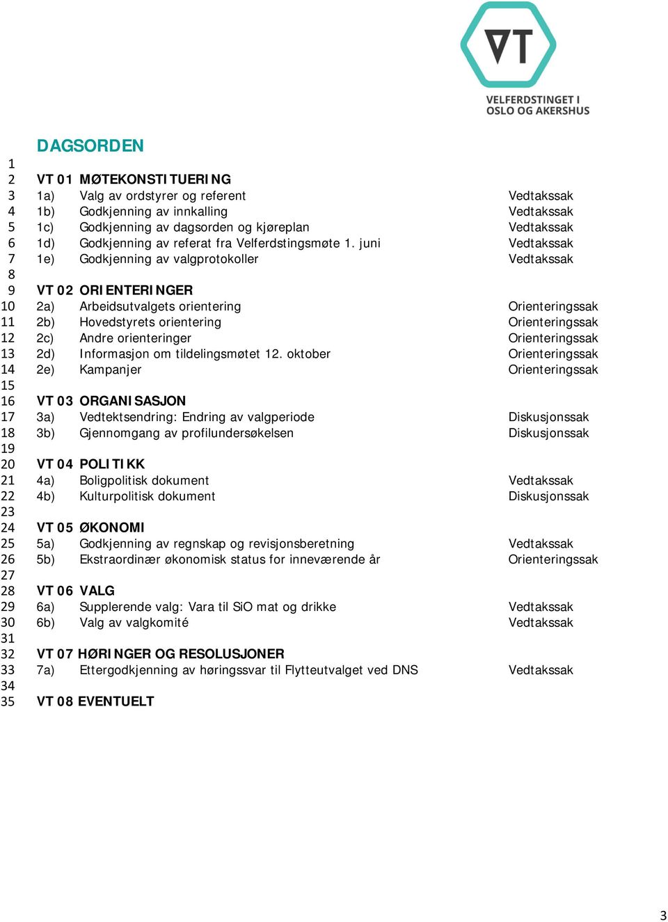 juni Vedtakssak 1e) Godkjenning av valgprotokoller Vedtakssak VT 02 ORIENTERINGER 2a) Arbeidsutvalgets orientering Orienteringssak 2b) Hovedstyrets orientering Orienteringssak 2c) Andre orienteringer