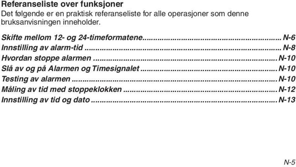 ..N-6 Innstilling av alarm-tid...n-8 Hvordan stoppe alarmen.