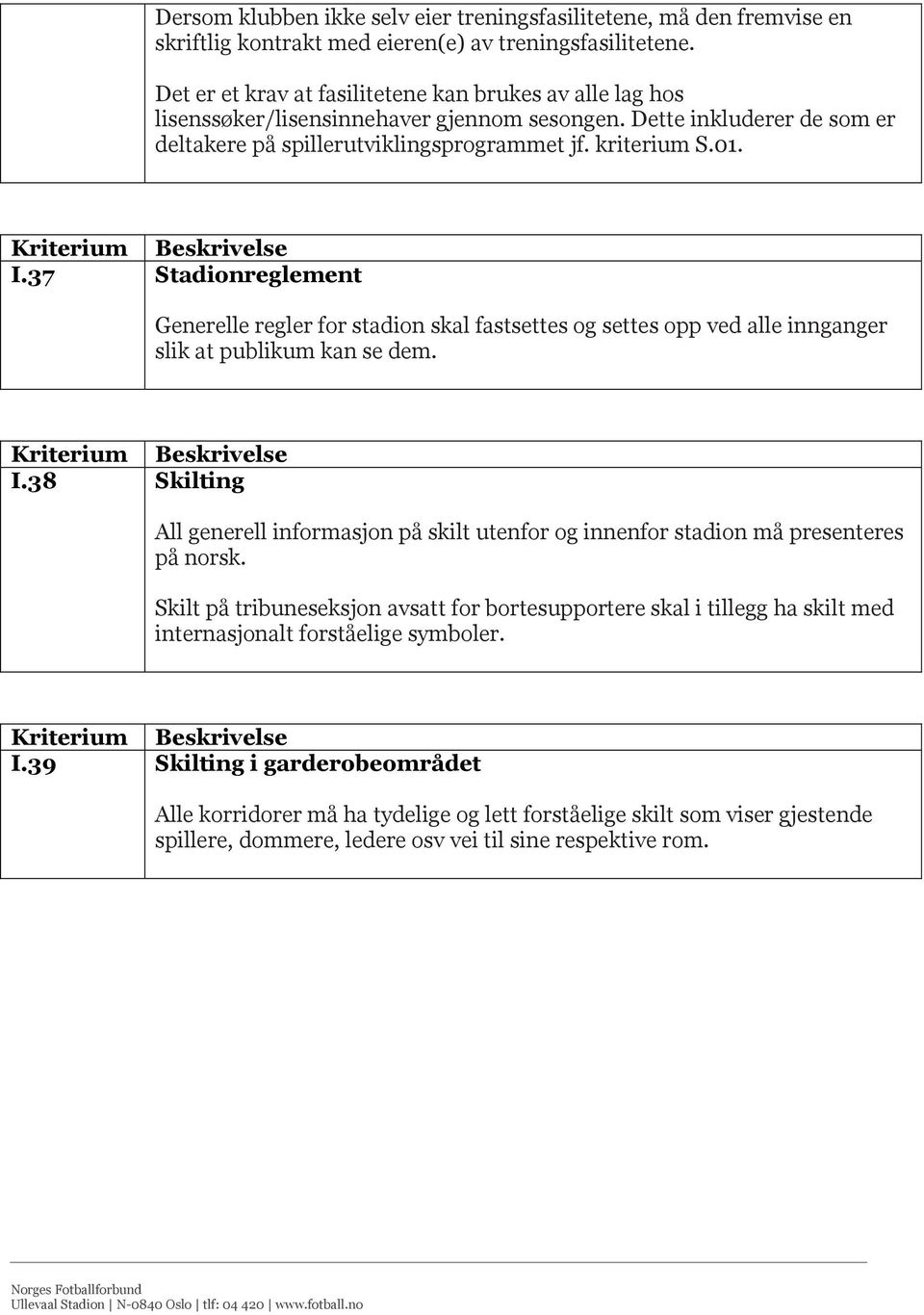 37 Stadionreglement Generelle regler for stadion skal fastsettes og settes opp ved alle innganger slik at publikum kan se dem. I.