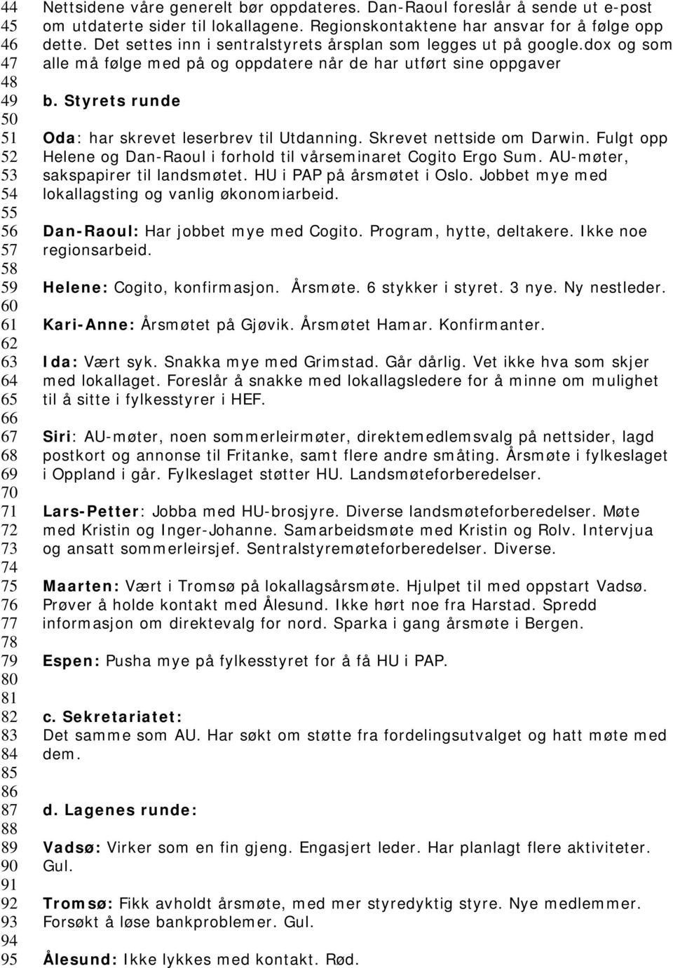 dox og som alle må følge med på og oppdatere når de har utført sine oppgaver b. Styrets runde Oda: har skrevet leserbrev til Utdanning. Skrevet nettside om Darwin.