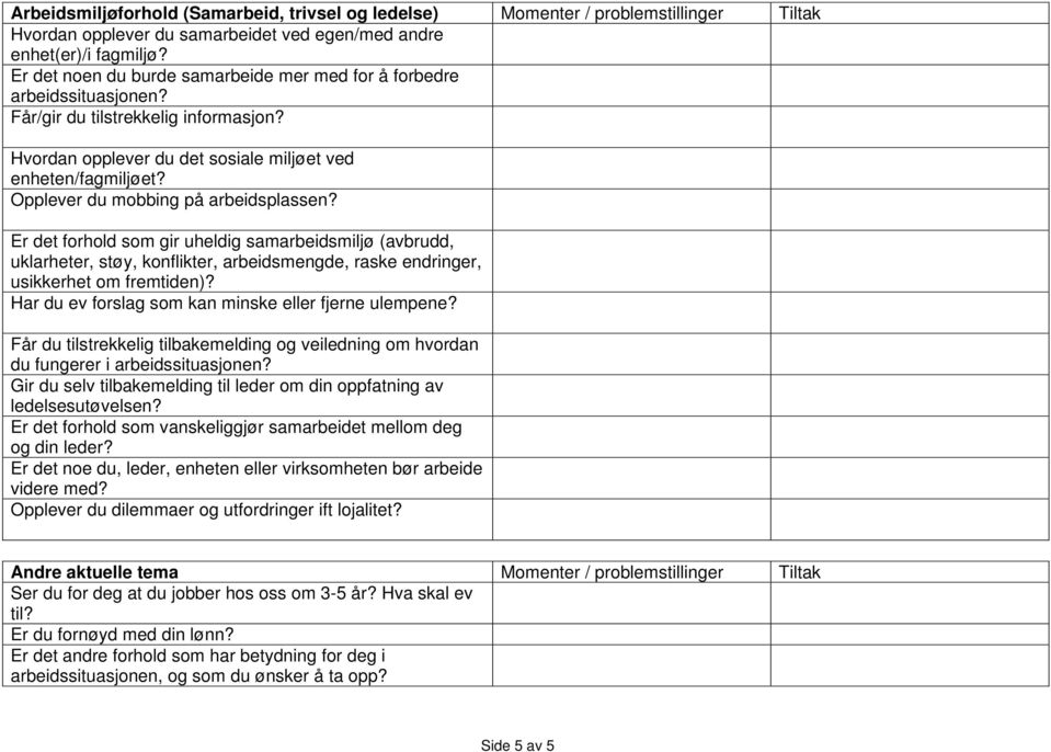 Opplever du mobbing på arbeidsplassen? Er det forhold som gir uheldig samarbeidsmiljø (avbrudd, uklarheter, støy, konflikter, arbeidsmengde, raske endringer, usikkerhet om fremtiden)?