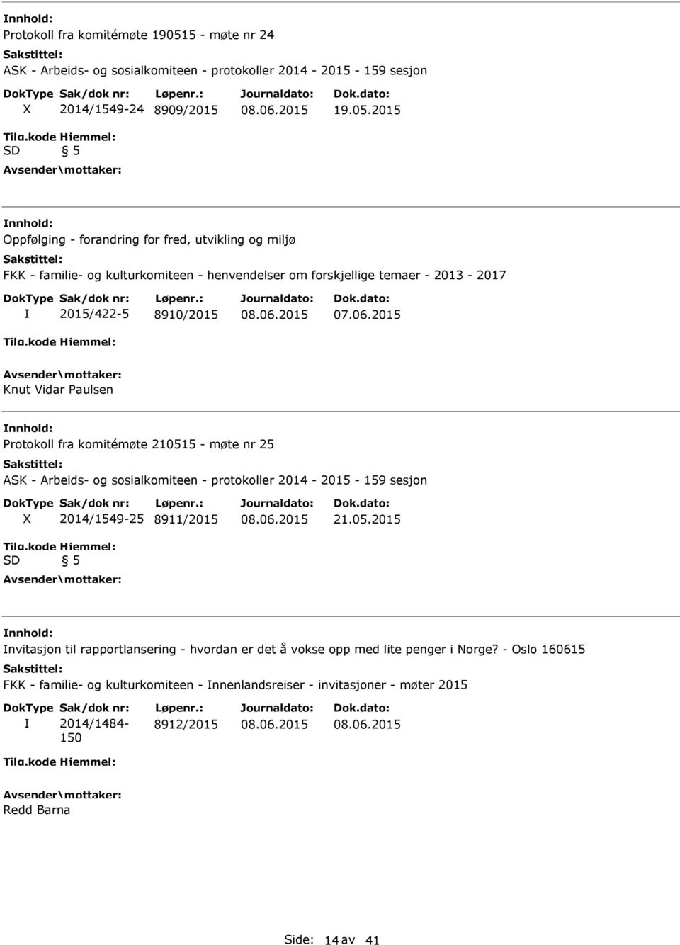 2015 nnhold: Oppfølging - forandring for fred, utvikling og miljø FKK - familie- og kulturkomiteen - henvendelser om forskjellige temaer - 2013-2017 2015/422-5 8910/2015 07.06.