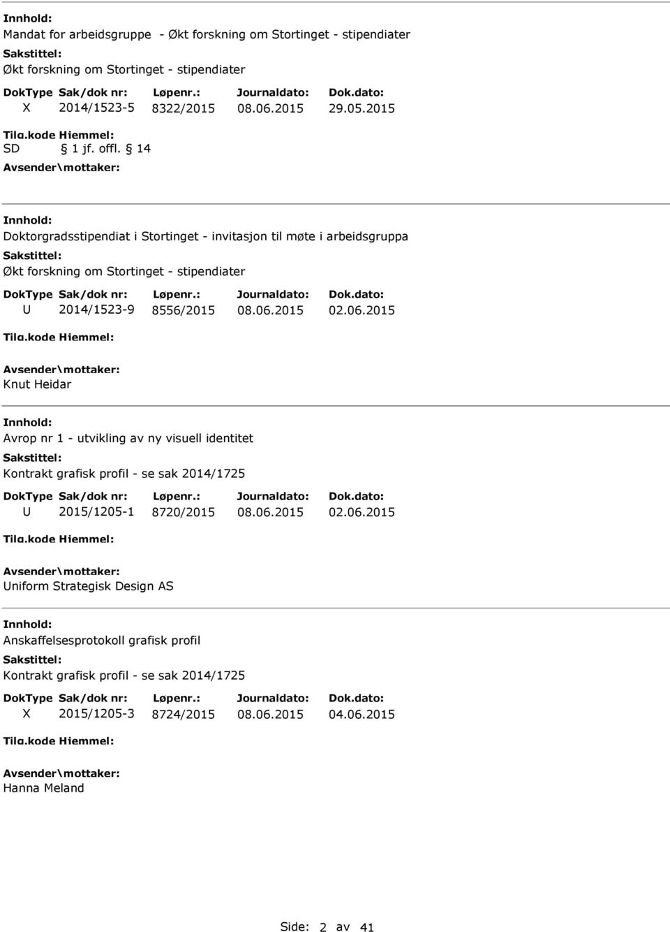 2015 Knut Heidar nnhold: Avrop nr 1 - utvikling av ny visuell identitet Kontrakt grafisk profil - se sak 2014/1725 U 2015/1205-1 8720/2015 02.06.