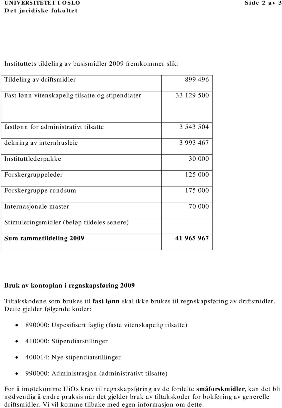 70 000 Stimuleringsmidler (beløp tildeles senere) Sum rammetildeling 2009 41 965 967 Bruk av kontoplan i regnskapsføring 2009 Tiltakskodene som brukes til fast lønn skal ikke brukes til