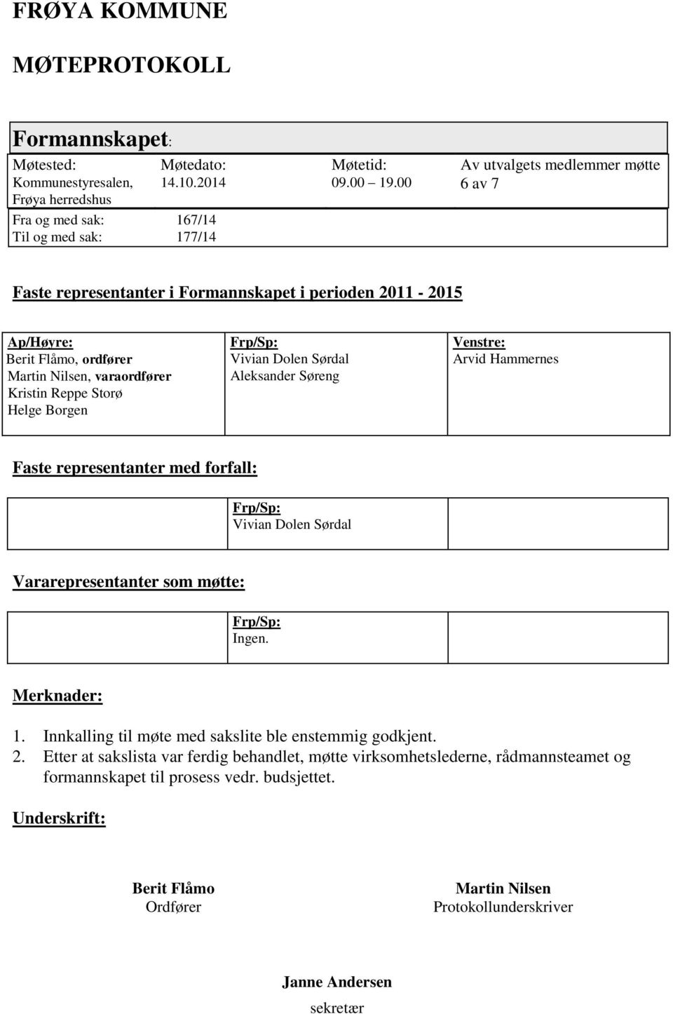 Vivian Dolen Sørdal Aleksander Søreng Venstre: Arvid Hammernes Faste representanter med forfall: Frp/Sp: Vivian Dolen Sørdal Vararepresentanter som møtte: Frp/Sp: Ingen. Merknader: 1.