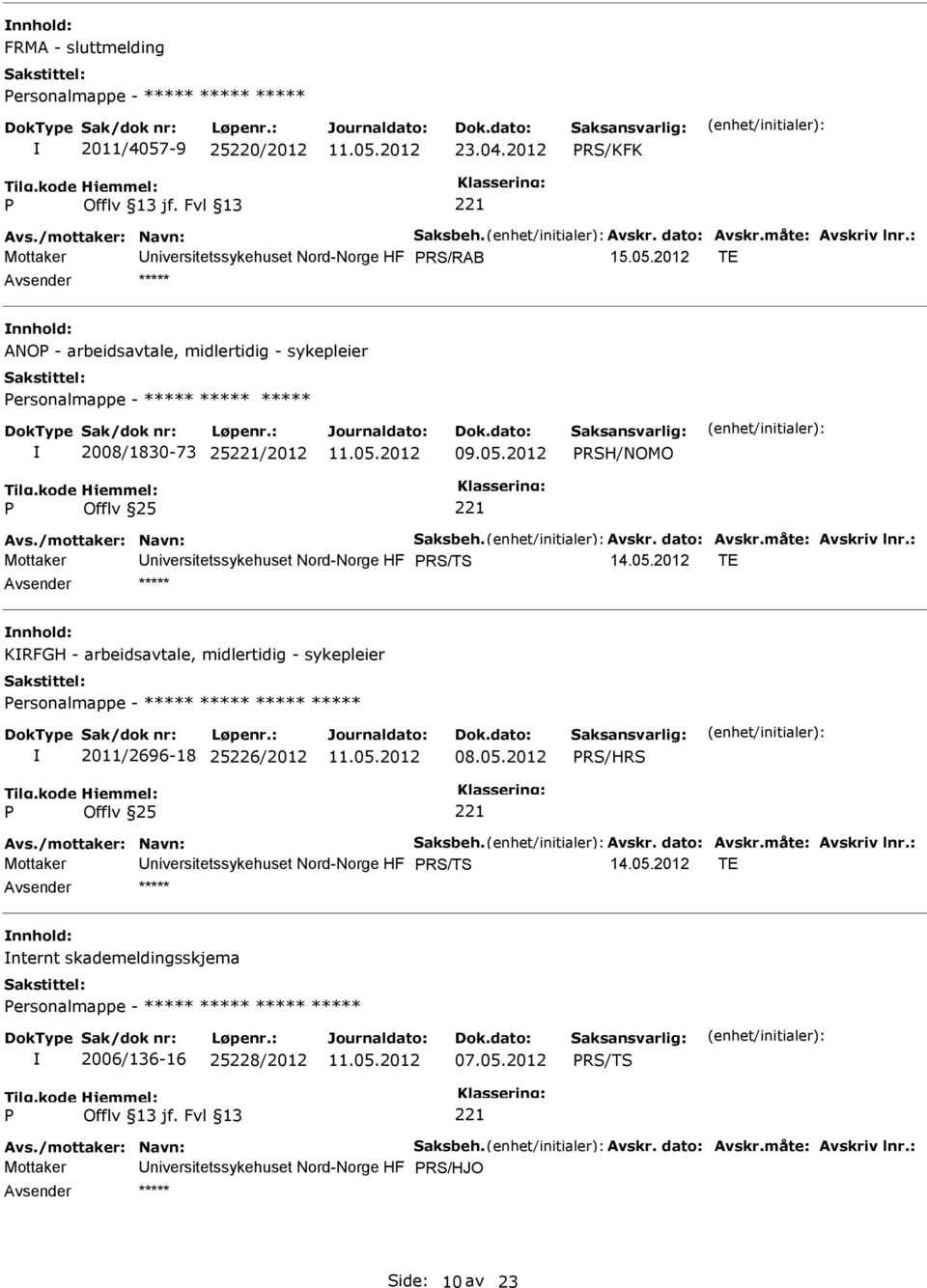 /mottaker: Navn: Saksbeh. Avskr. dato: Avskr.måte: Avskriv lnr.: Mottaker niversitetssykehuset Nord-Norge HF RS/TS 14.05.