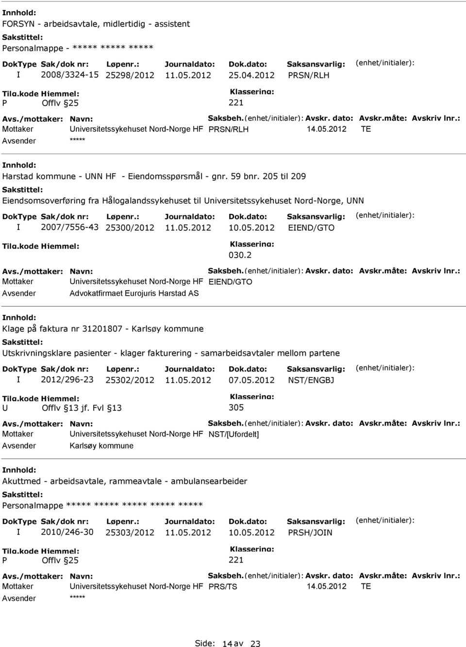 205 til 209 Eiendsomsoverføring fra Hålogalandssykehuset til niversitetssykehuset Nord-Norge, NN 2007/7556-43 25300/2012 EEND/GTO 030.2 Avs./mottaker: Navn: Saksbeh. Avskr. dato: Avskr.