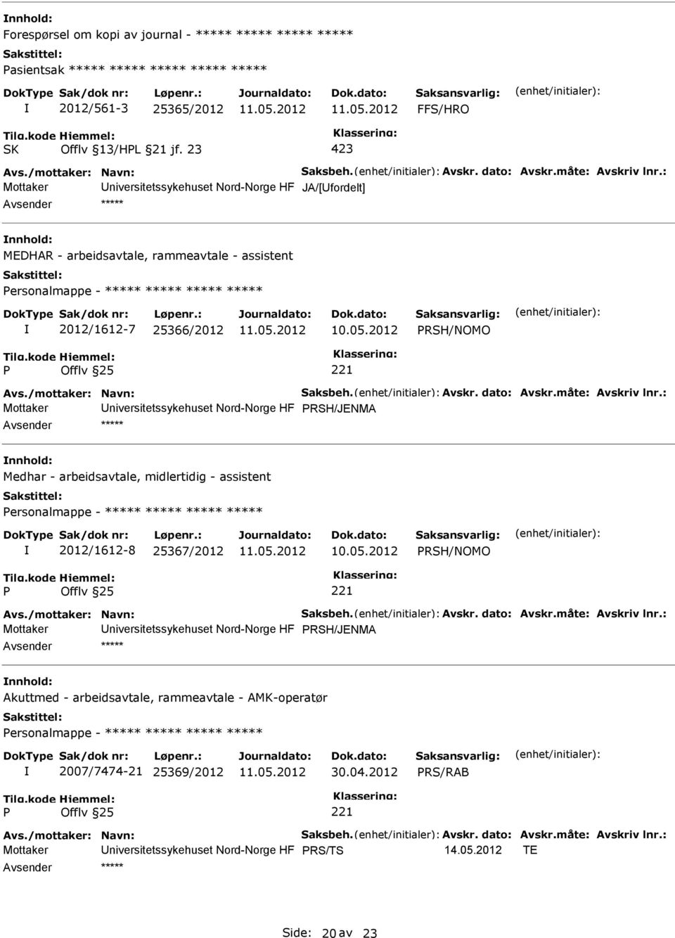 : Mottaker niversitetssykehuset Nord-Norge HF JA/[fordelt] ***** MEDHAR - arbeidsavtale, rammeavtale - assistent ersonalmappe - ***** ***** ***** ***** 2012/1612-7 25366/2012 RSH/NOMO Avs.