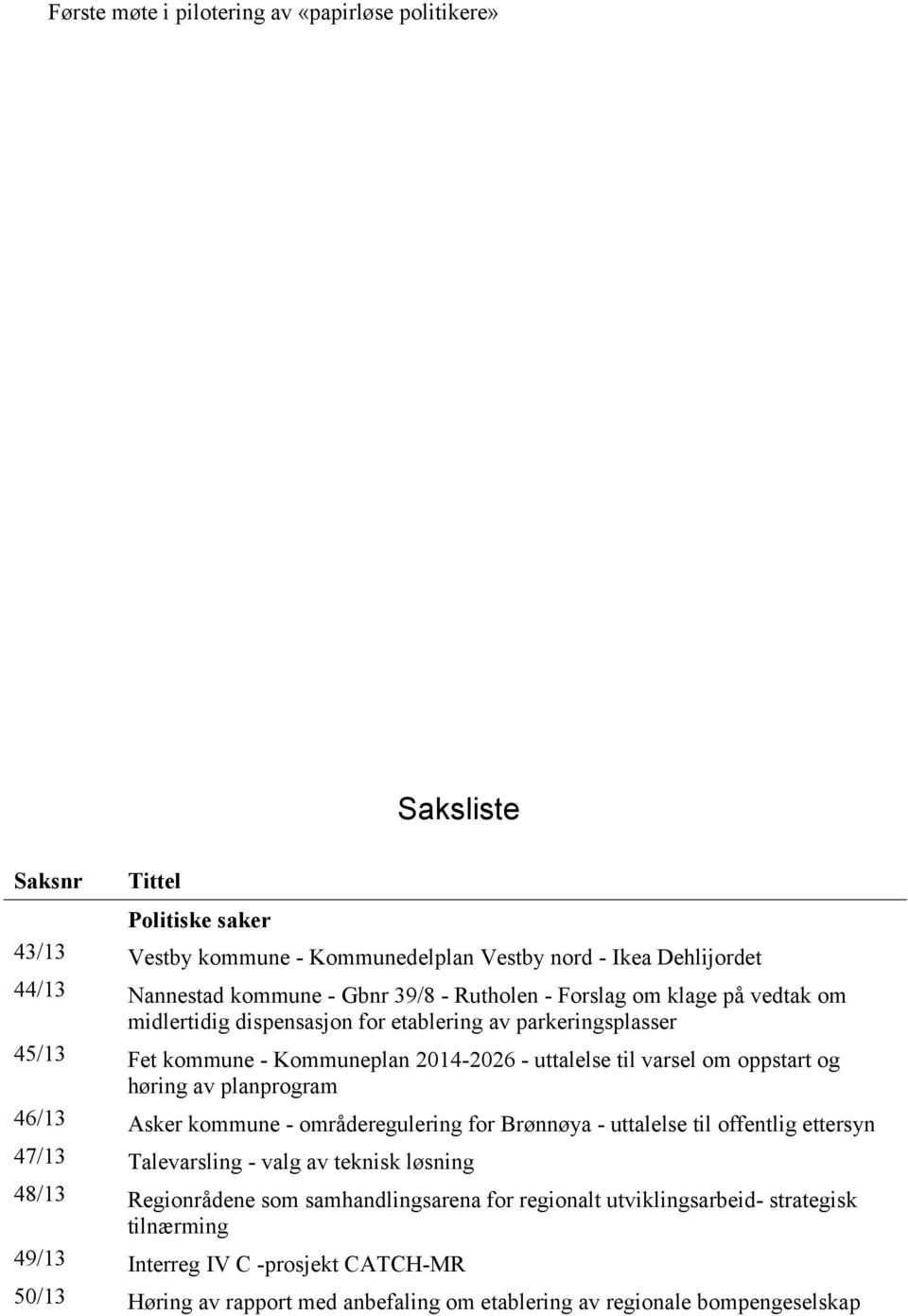 oppstart og høring av planprogram 46/13 Asker kommune - områderegulering for Brønnøya - uttalelse til offentlig ettersyn 47/13 Talevarsling - valg av teknisk løsning 48/13 Regionrådene