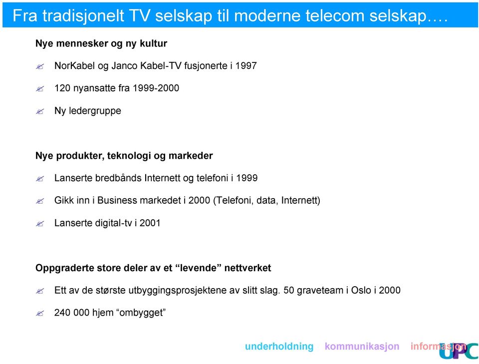 produkter, teknologi og markeder Lanserte bredbånds Internett og telefoni i 1999 Gikk inn i Business markedet i 2000