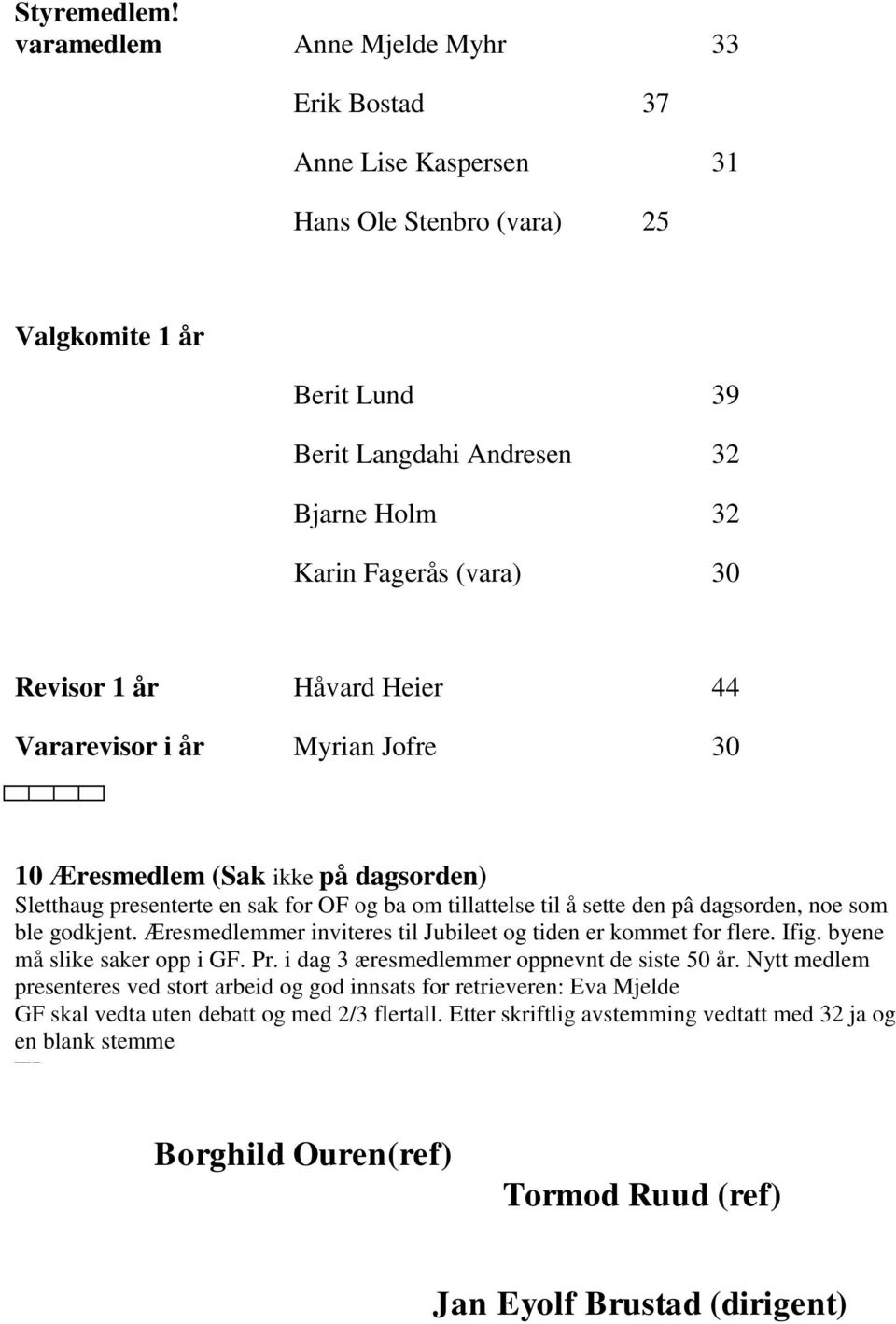 1 år Håvard Heier 44 Vararevisor i år Myrian Jofre 30 10 Æresmedlem (Sak ikke på dagsorden) Sletthaug presenterte en sak for OF og ba om tillattelse til å sette den pâ dagsorden, noe som ble godkjent.