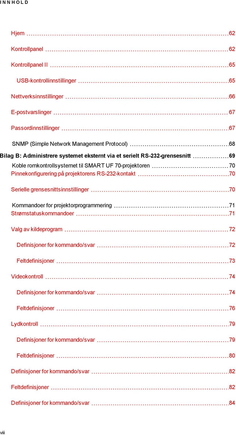 grensesnittsinnstillinger 70 Kommandoer for projektorprogrammering 71 Strømstatuskommandoer 71 Valg av kildeprogram 72 Definisjoner for kommando/svar 72 Feltdefinisjoner 73 Videokontroll 74