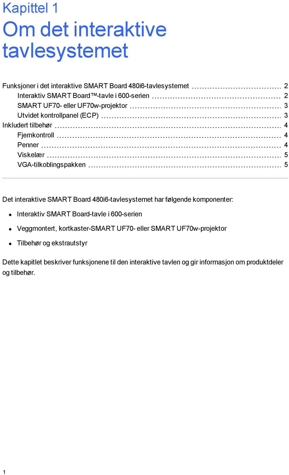 interaktive SMART Board 480i6-tavlesystemet har følgende komponenter: Interaktiv SMART Board-tavle i 600-serien Veggmontert, kortkaster-smart UF70- eller