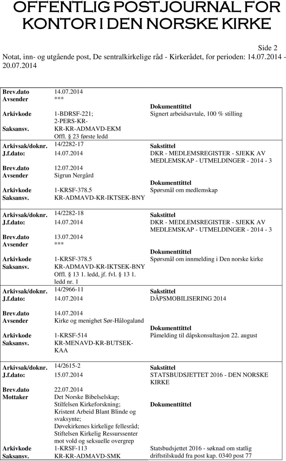 5 Spørsmål om innmelding i Den norske kirke KR-ADMAVD-KR-IKTSEK-BNY Arkivsak/doknr. 14/2966-11 Sakstittel J.f.dato: 14.07.