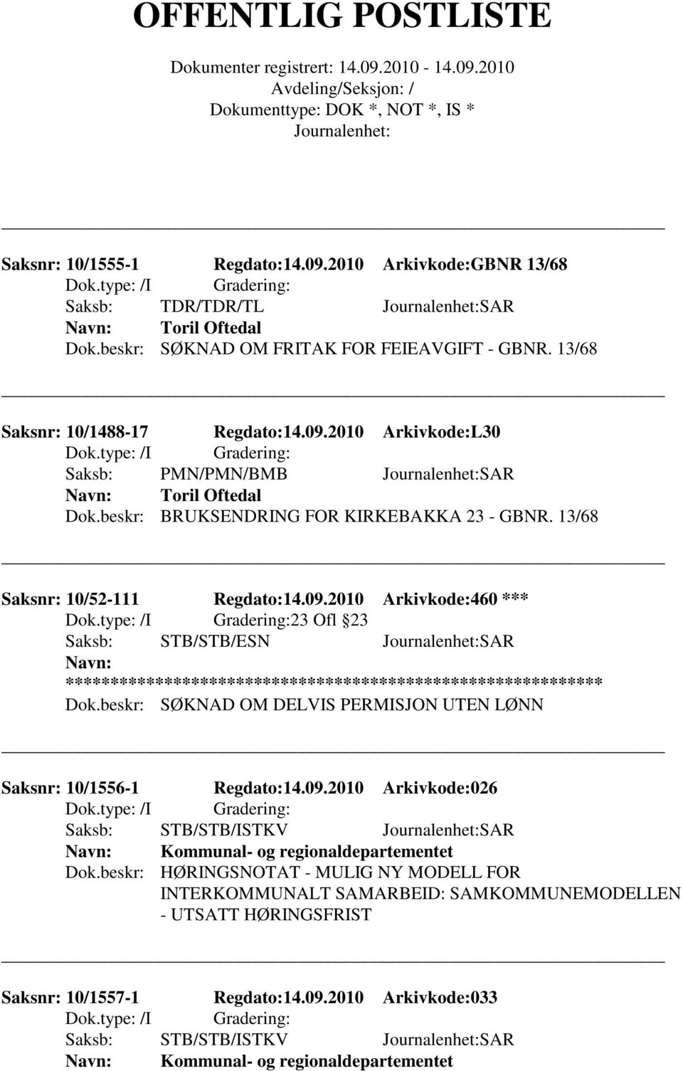 2010 Arkivkode:460 *** 23 Ofl 23 Saksb: STB/STB/ESN SAR ************************************************************ Dok.beskr: SØKNAD OM DELVIS PERMISJON UTEN LØNN Saksnr: 10/1556-1 Regdato:14.09.