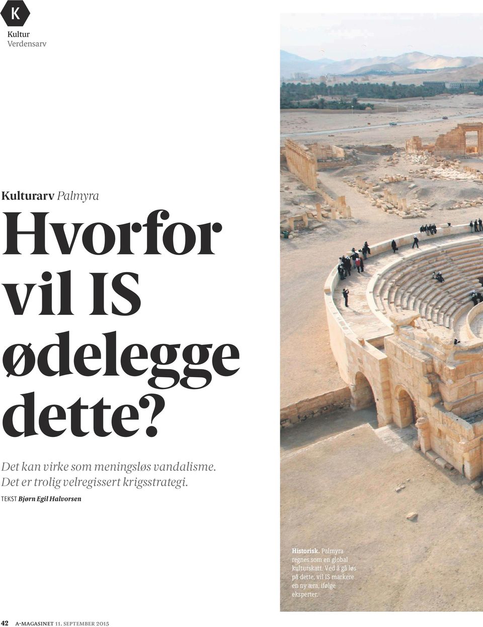 TEKST Bjørn Egil Halvorsen Historisk. Palmyra regnes som en global kulturskatt.